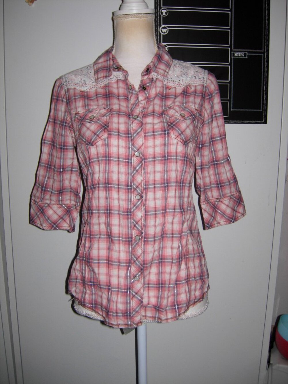 Legacy Falls Pink Plaid Pearl Snap Front Top S